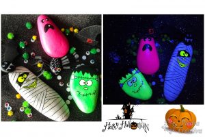 monstruos en piedras pintadas con luz negra fosforescente fluorescente 300x200 - Monstruos de Halloween en piedras